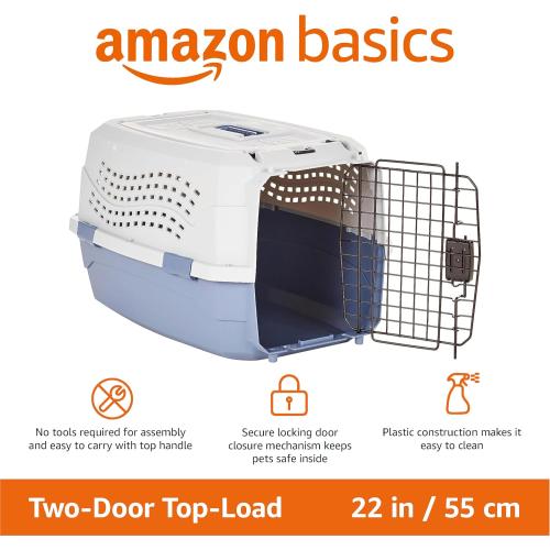 Amazon Basics 2-Door Top-Load Hard-Sided Dogs, Cats Pet Travel Carrier, Gray & Blue, 22.8L x 15.0W x 13.0H