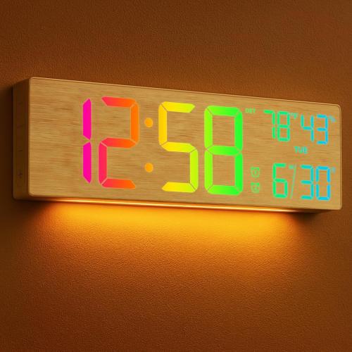 MASHI 18.5 Large Digital Wall Clock with Remote Control, Dual Alarm with Big LED Screen Dispaly,10 Adjustable Brightness, DST, Date Week,Temp for Living Room, Bedroom, Gifts for Elderly (Bamboo)