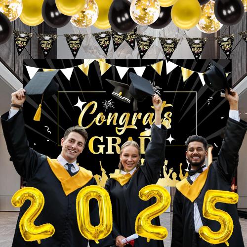 Graduation Decorations 2025, Black and Gold Graduation Decorations Class of 2025 Congrats Grad Backdrop Banner Porch Sign with for Graduation Party Decorations 2025 Graduation Decor
