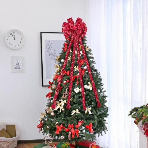 Christmas Tree Topper, 40x13 Inches Toppers Bow with Glitter Satin Mesh Streamer and Patterned Ribbon, Christmas Tree Topper Bow for Christmas Home Decoration (Red & Gold)