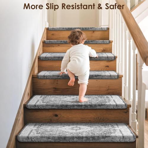 Bullnose Stair Treads for Wooden Steps, Non Slip Stair Carpet for Indoor Runner and Pets, Soft Edging Staircase Protectors Reusable, Washable, 29.5x9.5x1.5 14pcs, Grey