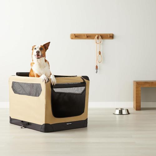 Amazon Basics Folding Soft Crate for Cat, Dog, Rabbit, Portable and Collapsible, 36 Inch, Tan, L 36 x 24 x 24