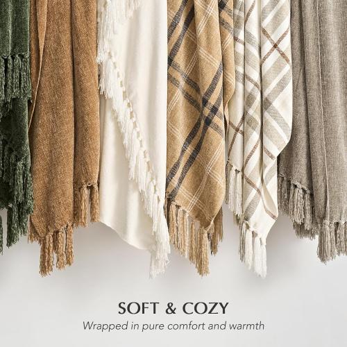 EVERGRACE Plaid Chenille Throw Blanket for Couch, Super Soft Cozy Decorative Farmhouse Plaid Throw with Tassels, Lightweight Chenille Knit Throw for Bed Sofa Gift Home Decor, Beige 50”x60”