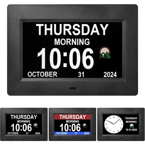 7 Inches Digital Clock with Day and Date for Elderly Alzheimer's Dementia Clock Customizable Alarms and Medicine Reminders 3 Display Modes Large Font Digital Alarm Clock for Seniors (Black)