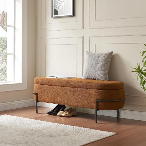 Size 52 Color brown Sherpa Storage Ottoman Bench for Bedroom, Brown End of Bed Bench with Storage, Upholstered Boucle Storage Bench with Metal Stand and Hinges, Oval Ottoman for Living Room, 52 Inch