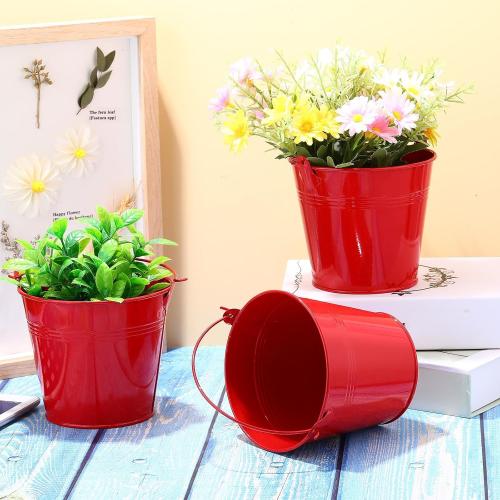 Rtteri 24 Pcs Metal Bucket 5 x 3.5 x 4.7 Inch Mini Party Buckets for Flower Pot Plant Basket Iron Small Metallic Pails with Handle for Container Candy Snack Crafts Vase Party Favors(Red)