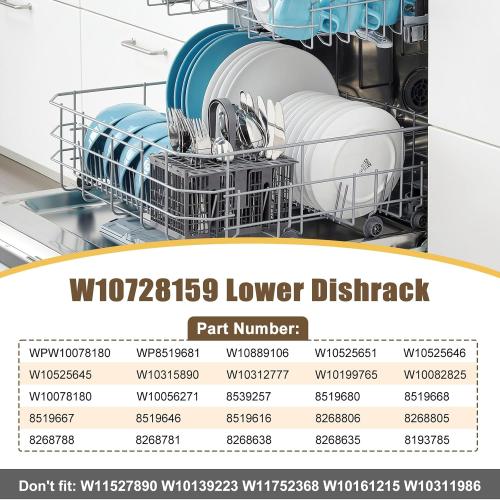 UPGRADED W10728159 W10525646 Dishwasher Lower Rack Replacement Compatible with Whirlpool Dishwasher Rack, Replace W10315890 W10078180 Kitchenaid Kenmore Elite Dishwasher Bottom Rack & WP3376961 wheels