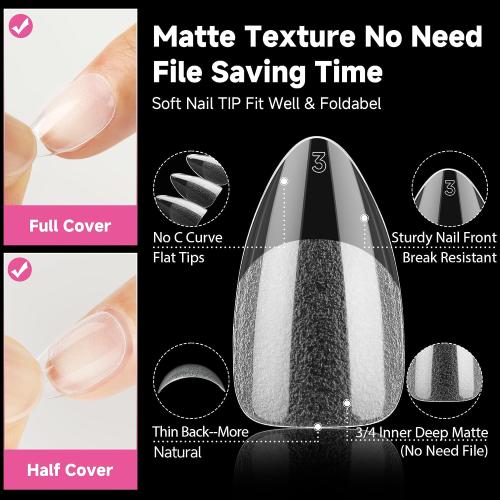 UNA GELLA Short Almond Nail Tips, 312pcs X-Soft Gel Nail Tips Almond Shape