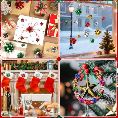 DECYOOL 1 Inch Mini Gift Wrap Bows, 200pcs Christmas Red Green Gold Silver Self Adhesive Metallic Bows for Holiday Christmas Birthday Party Favor Packaging Decorations