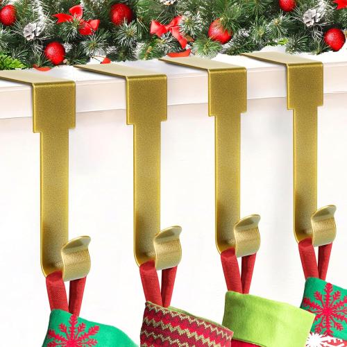 Gold Stocking Holdears for Mantle Set of 4, Christmas Stocking Holders, Stocking Hangers Hooks for Mantle for Christmas Ornaments for Counter Tables, Fireplace Mantle Decoration