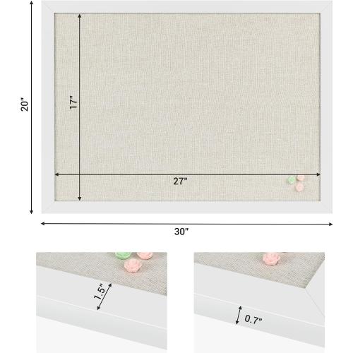 Board2by White Cork Board Bulletin Board with Linen, Wood Framed 30 x 20 Corkboard, Office Board for Wall Decor, Wall Mounted Pin Board Picture Board with 20 Pushpins for School, Home & Office