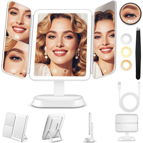 GOMIPURU Makeup Mirror with Lights and 30X/10X/5X Magnification, Vanity Mirror with 3 Color Lights, Rechargeable, Detachable, Lighted Makeup Mirror with Magnification, Trifold Mirror, Gifts, White