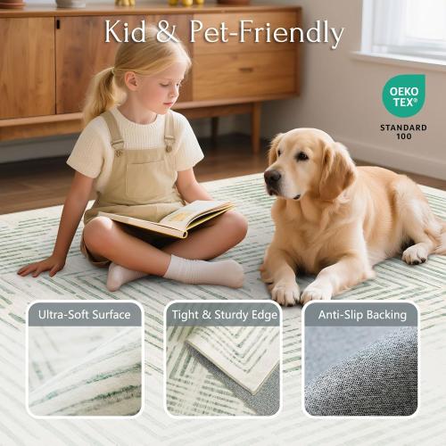 Washable Area Rug - Soft Modern Throw Rugs for Living Room Non-Slip Ultra-Thin Sage Green Lines Borderd Abstract Rugs for Bedroom Entryway Kitchen Foyer Mudroom Dorm Dining Room Carpet