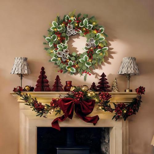 22 Inch Pre-lit Christmas Wreath for Front Door, Artificial Outdoor Christmas Wreath with 50 LED Lights, Real Pine Cones Red Berries Winter Xmas Wreaths for Indoor Porch Party Decorations