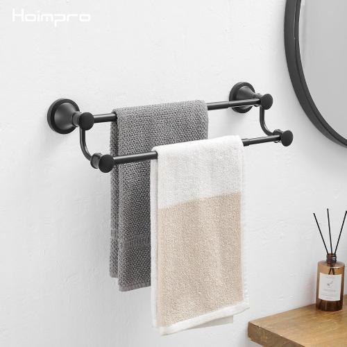 Hoimpro Adjustable Retractable 15-27 Inches Stainless Steel Bathroom Towel Bar, Bathroom Accessories Bath Hotel Double Towel Bar Rod Hanger Wall Mounted Towel Holder Towel Rack, Matte Black