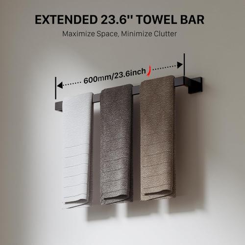 10-Piece 23.6 Inch Matte Black Bathroom Accessories Set, Bathroom Hardware Set, SUS304 Stainless Steel Bath Towel Bar Set, Toilet Paper Holder with Shelf, Towel Hooks, Towel Rings Wall Mounted