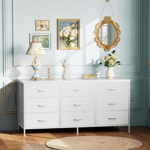 Color grey Huuger 9 Drawer Dresser, 47 Inch TV Stand for 50, 55 Inch TV, Entertainment Center with Drawers, Fabric Dresser Chest of Drawer for Bedroom, Closet, PU Leather Surface, White