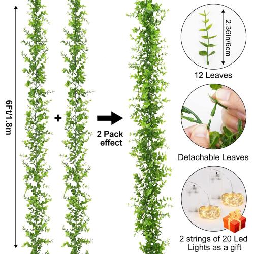 Dolicer 2 Packs Eucalyptus Garland with LED Lights String, 12FT Faux Eucalyptus Greenery Garland, Artificial Hanging Green Leaves Vine Wedding Backdrop Arch Wall Table Decor (Green)