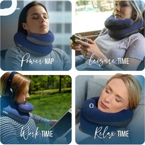 BCOZZY Travel Neck Pillow for Airplane – Patented Double Support for Head, Neck, and Chin. Best for Long Flights, Plane Sleeping, and Car Rides. Adjustable Size. Fully Washable. Carry Bag. Large, Navy