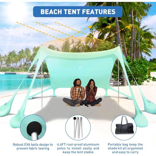 Beach Tent Canopy Pop Up Shade 10x10ft Sun Shelter Portable Family UPF50  with 8 Sandbags-2 Sand Shovel-4 Aluminum Poles-Ground Pegs-Carrying Bag for Outdoor Camping Fishing Backyard Picnic