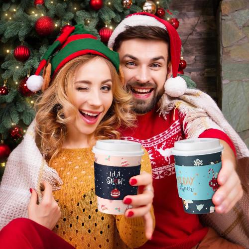 Yungyan  12 oz Christmas Disposable Coffee Cups with Lids and Sleeves Insulated Paper Coffee Cups with Dome Lids and Sleeves for Christmas Hot Chocolate Party Supplies(Lovely)