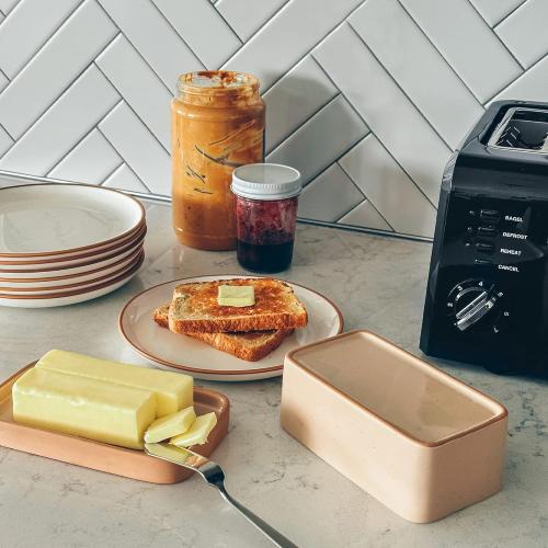 Mora Ceramic Two-in-One Butter Dish with Lid, Covered Butter Crock Container to Leave on Countertop - Large Storage Keeper/Holder for Kitchen, Gifts for Her, Butter Tray For Counter - Chai