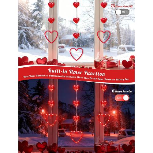 Valentines Day Window Lights, 65 LED 10 Red Heart Lights USB/Battery Operated, Timer Memory with 8 Modes Hanging Valentines Decorations Light for Valentine's Day Anniversary Wedding Decor