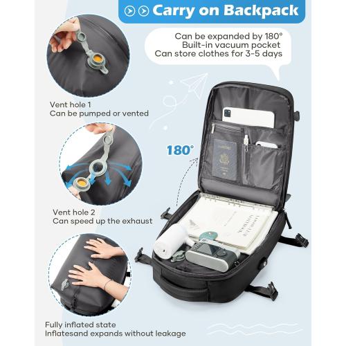 Black Vacuum Backpack Travel Laptop Backpacks For Women Men Carry On Backpack With Vacuum Compression Bags Seal Packing Personal Item Travel Bag Vacpack Backpacks Without Pump