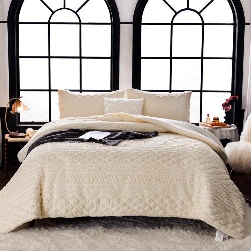 Comforter Sets KING Size Bed, Boho Tufted Cal KING Bedding Down Comforter, Lightweight Super Soft Reversible Washed Cotton Shabby Plush Fleece Sherpa All Season, Off White Ivory