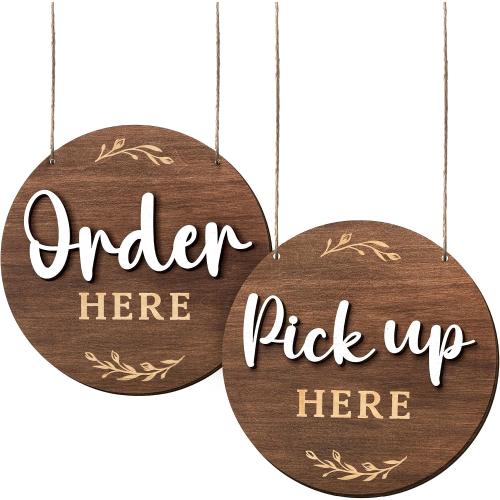 Woodamore Order Here Pick Up Here Signs, 2 Pack 10 in Round Wood for Cafes