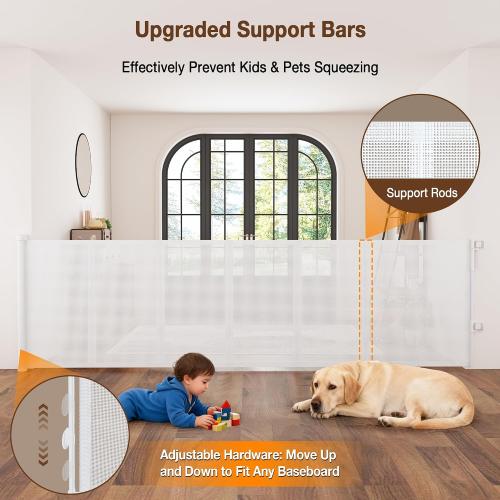 Upgraded 59'' Wide Retractable Baby Gates for Stairs with Reinforced Strip, Mesh Saftey Gate for Pets, Prevent Crawling Dog Gate fot Doorways, No Drilling, Indoor & Outdoor Use, 34'' Tall, White