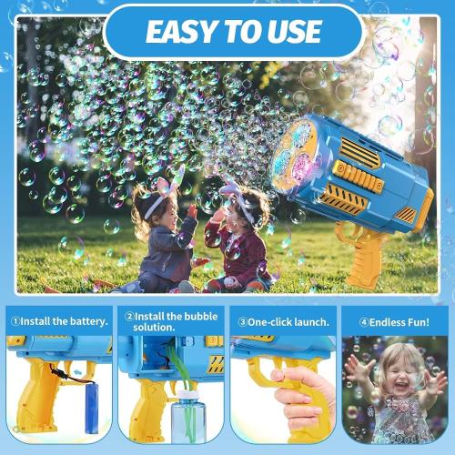 Bomoco Automatic Bubble Gun for Kids Light Up Outdoor Toy, 30 Holes Blue | Large Output, Includes Bubble Solution, Toys for Girls Boys 3-12Y, Outdoor Fun, Birthday Wedding Party Favors No Dip‼️missing 1 bottle‼️