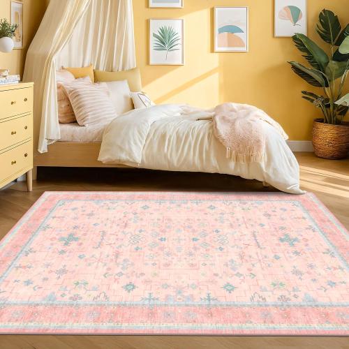 Pink Rugs for Bedroom Girls, 5x7 Washable Area Rug for Living Room Nursery Kids Baby Playroom Indoor Decor, Oushak Floral Vintage Low Pile Boho Non Slip Foldable Carpet