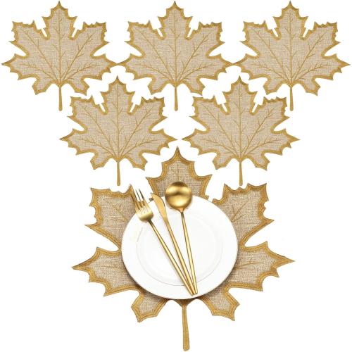 6 Pcs Thanksgiving Maple Leaves Placemats Fall Placemats Thanksgiving Decoration Natural Color Polyester Table Mats for Home Farmhouse Kitchen Vintage Country Table Decoration