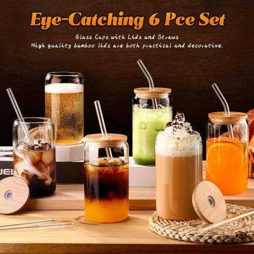 Glass Cups with Lids and Straws 6 pcs, 16 oz-DWTS Cute Tumbler,Beer Drinking Glasses,Clear for Iced Coffee, Tea with Bamboo Lids for Gifts