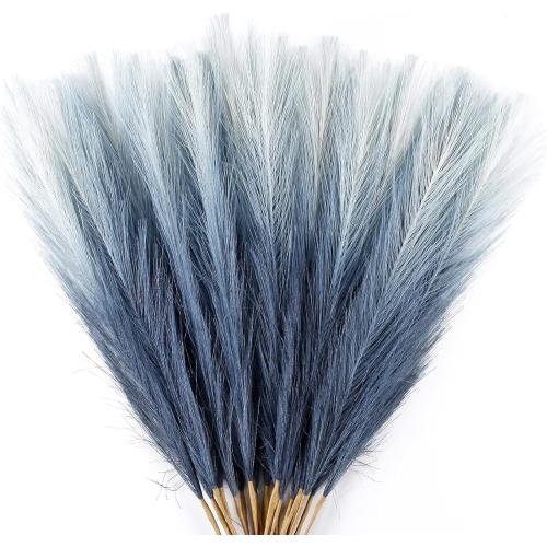 20Pcs Navy Blue Gradient and White Faux Pampas Grass Decor, 21.7 Pompas Grass Flower Arrangement and Vase Filler for Boho Home Wedding Decoration, Black