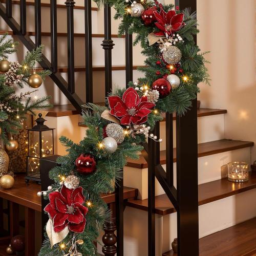 SHareconn 8.9FT Prelit Christmas Garland with Multi-Color LED Lights, Battery-Operated Timer, Includes Flower Ball Poinsettia for Mantle Fireplace Indoor Outdoor Xmas Decor, Red Champagne Gold, 8.9 FT