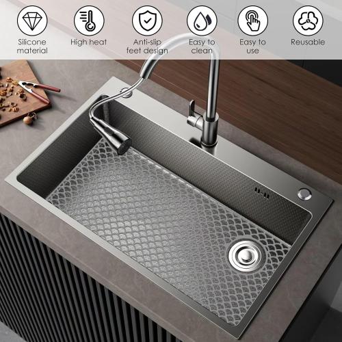 Silicone Sink Protector with Right Drain Hole,28x15inch Nonslip Silicone Sink Mat,Heat Resistant Sink Protector Mat, Hollow Out Sink Mats,Silicone Sink Protector for Kitchens(grey)