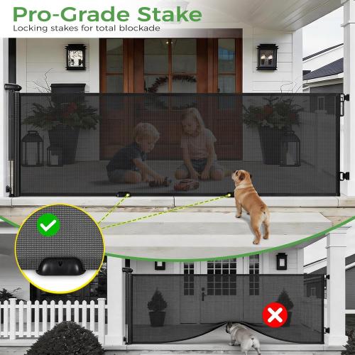FRUITEAM 120 Wide Outdoor Waterproof Retractable Gate for Dogs & Kids – Ground Stakes, Easy One-Hand Operation, Scratch-Resistant & Tear-Proof Mesh for Indoor/Outdoor Use on Garage, Driveway – Black ‼️has mild stains ‼️