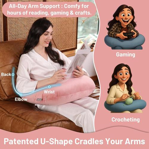 Ergonomic U-Shape Gaming & Lap Pillow - Crochet Pillow & Reading Support Pillow with Arm Relief, Comfort for Gamers, Crafters & Book Lovers (Pink)