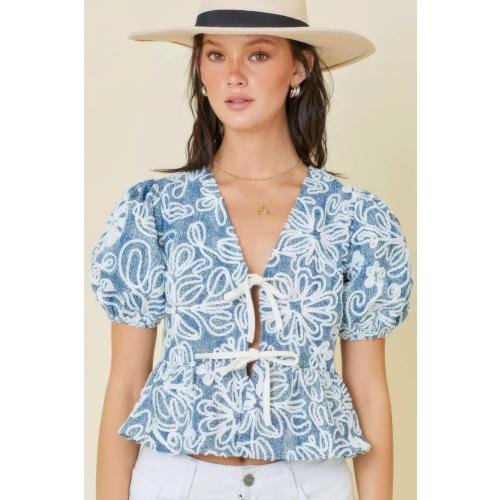 Denim Embroidered Crop Top with Front Tie Detail SIZE SMALL