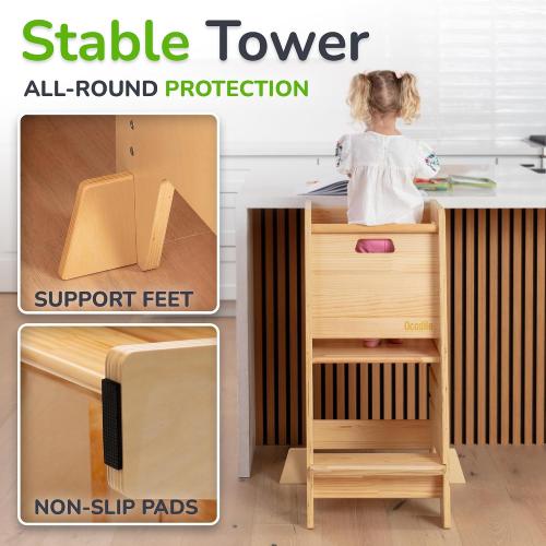 WOODENN Ocodile Stepping-Up Set - Standing Tower and Step Stool for Kids (Varnished)