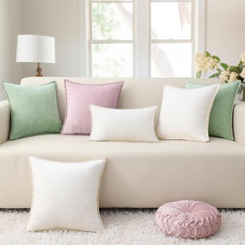 decorUhome Spring Chenille Soft Cozy Throw Pillow Covers 22x22 Set of 2, Modern Farmhouse Boho Velvet Decorative Euro Sham Pillow Cases with Stitched Edge for Couch Sofa Bed Home Decor, Cream White