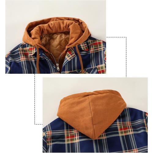 Size L...DOSLAVIDA Men's Flannel Shirt Jacket Quilted Lined Winter Coat Long Sleeve Button Dwon Shirt Warm Hooded Plaid Jacket Navy