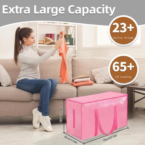 12 Pack-Extra Large Heavy Duty Moving Bags - Waterproof Storage Totes with Handles & Zippers, Foldable for College Dorm, Storage (Pink)