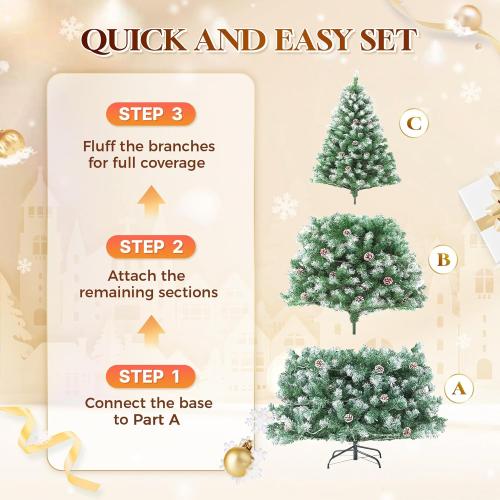 HOLLO STAR 7.5 ft Prelit Christmas Tree with 379 LED Lights, App Control, Artificial Christmas Tree, Multi-Color RGBW Lights, 1476 Flocked Frosted Tips, 86 Pine Cones, Metal Base, for Home, Party