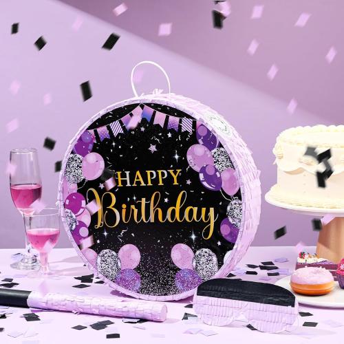 Sinmoe Birthday Piñata with Stick Blindfold and Confetti for Men Women Birthday Party Supply(Purple)