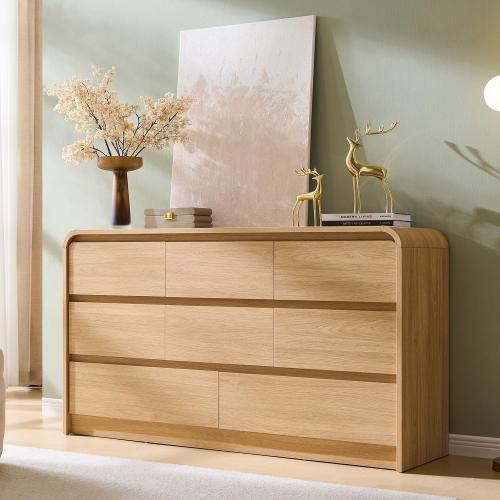 Aitjunz Modern 8 Drawers Dresser for Bedroom, Dressers & Chest of Drawers w/Curved Profile Design, Wood Mid Century Storage Dressers Organizer for Bedroom, Living Room, Natural Oak