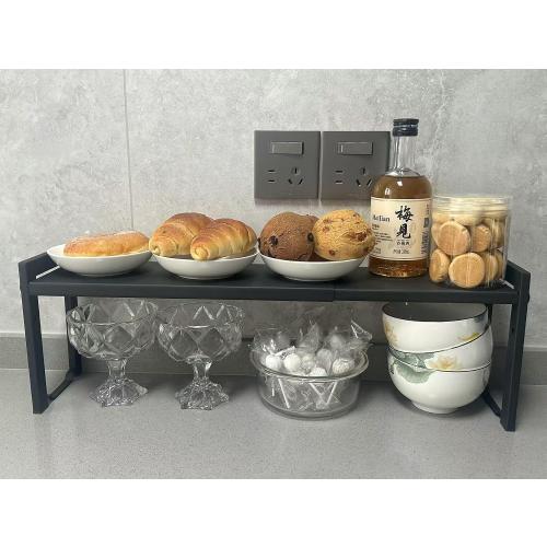 2 Pack Expandable Cabinet Shelf Organizer 16-26 L Stackable Kitchen Counter Shelves Rack Stand Sink Riser Countertop Storage Black (Narrow 5.1”D)