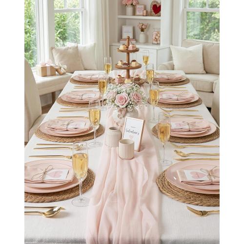 PULOTE 100PCS Pink Plastic Plates - Heavy Duty Pink and Gold Disposable for Party, Wedding, Valentines & Galentines Day, Include 50 Each (Dinner & Dessert) Plates